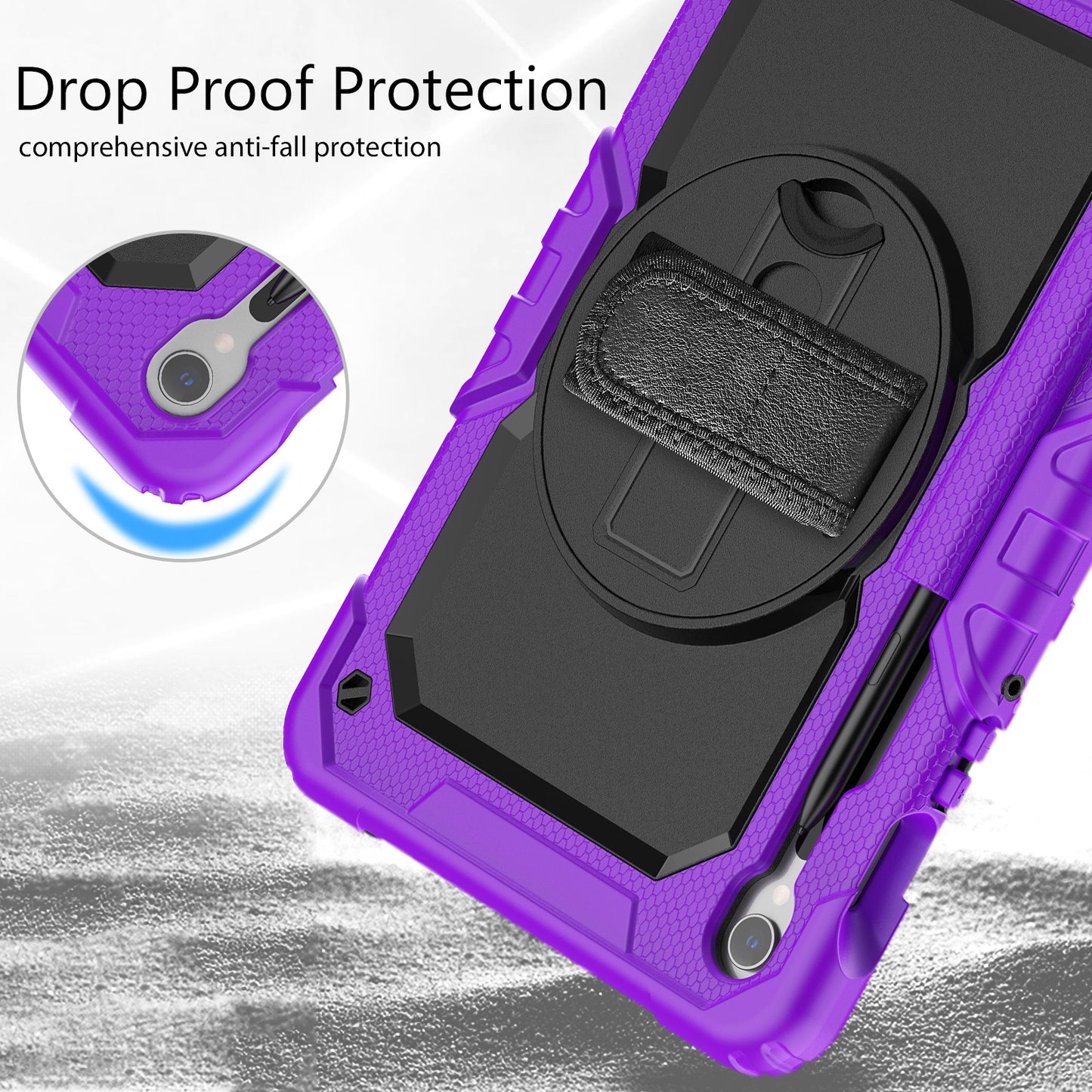 For Samsung Galaxy Tab S9 FE SM-X510 SM-X516B PC+Silicone Cover Kickstand Tablet Case with PET Screen Protector and Hand Strap - Black+Purple