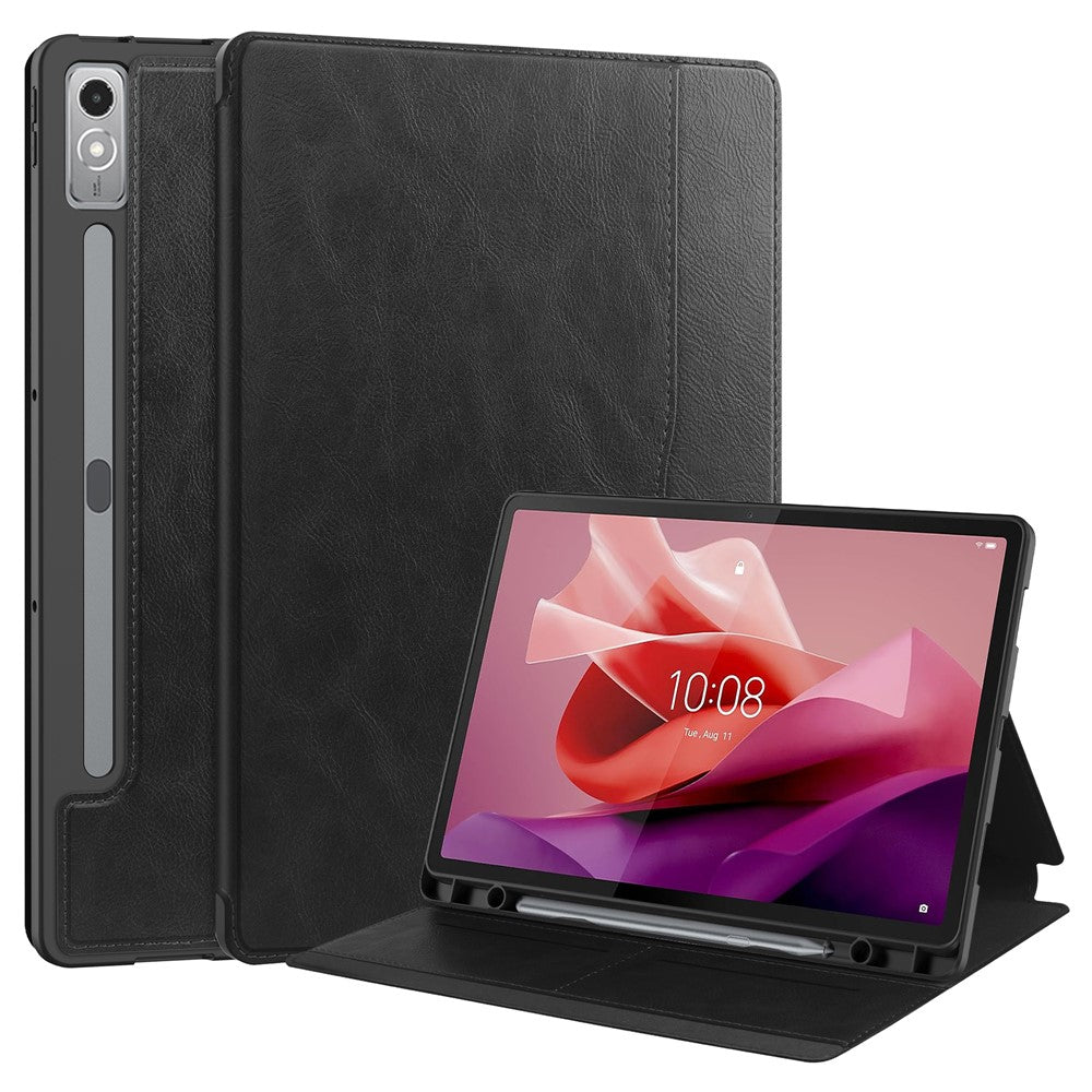 For Lenovo Tab P12 Stand Protective Cover PU Leather Wallet Tablet Case with Pencil Holder - Black