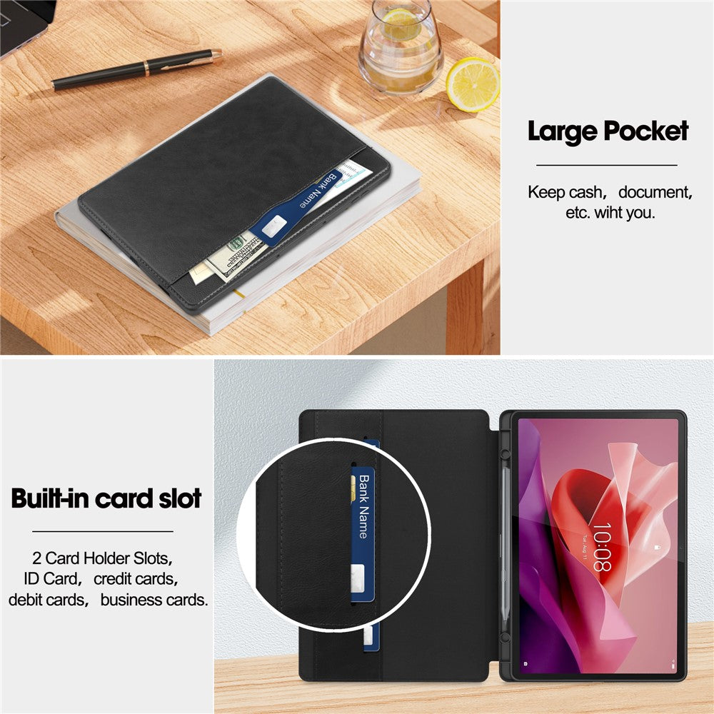For Lenovo Tab P12 Stand Protective Cover PU Leather Wallet Tablet Case with Pencil Holder - Black