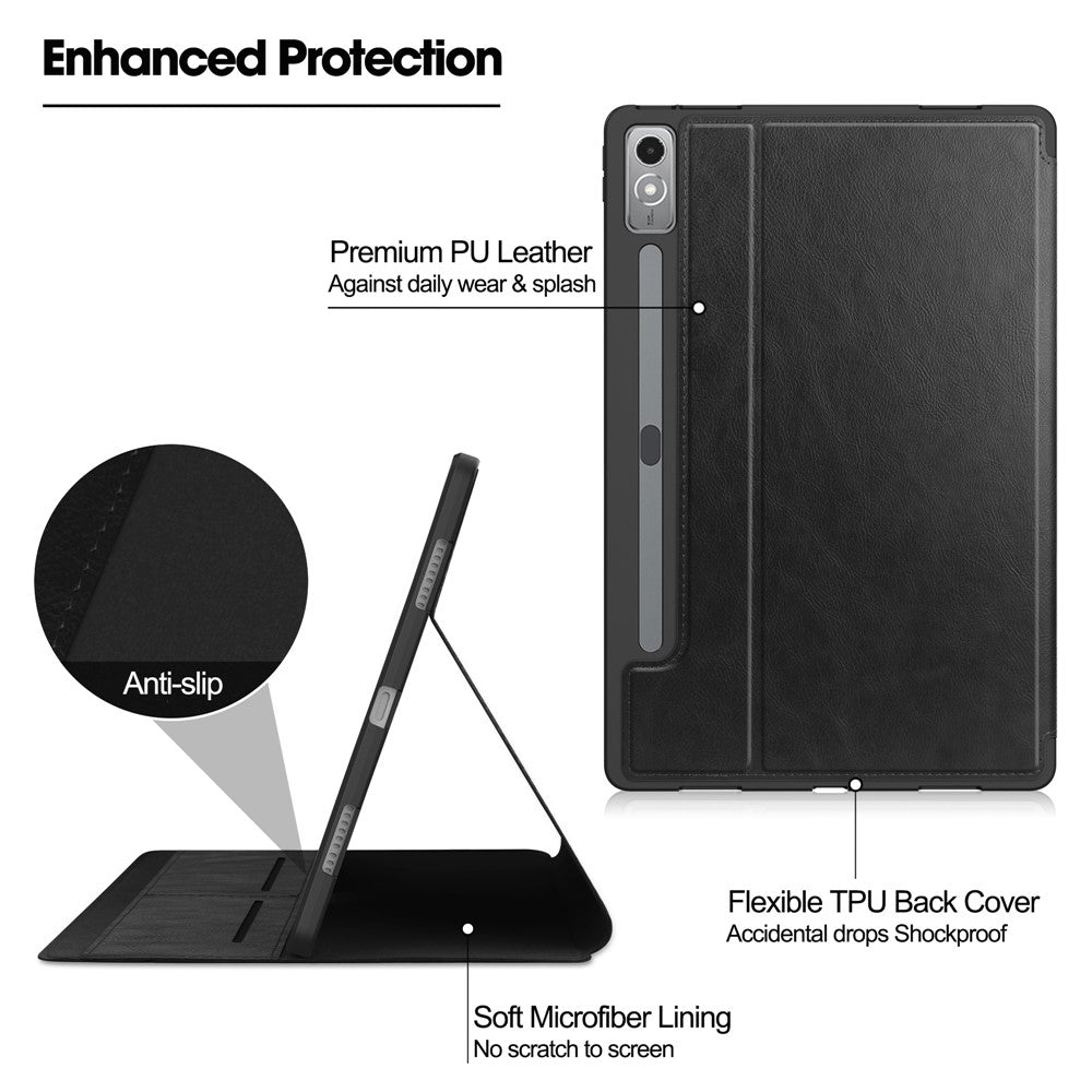 For Lenovo Tab P12 Stand Protective Cover PU Leather Wallet Tablet Case with Pencil Holder - Black