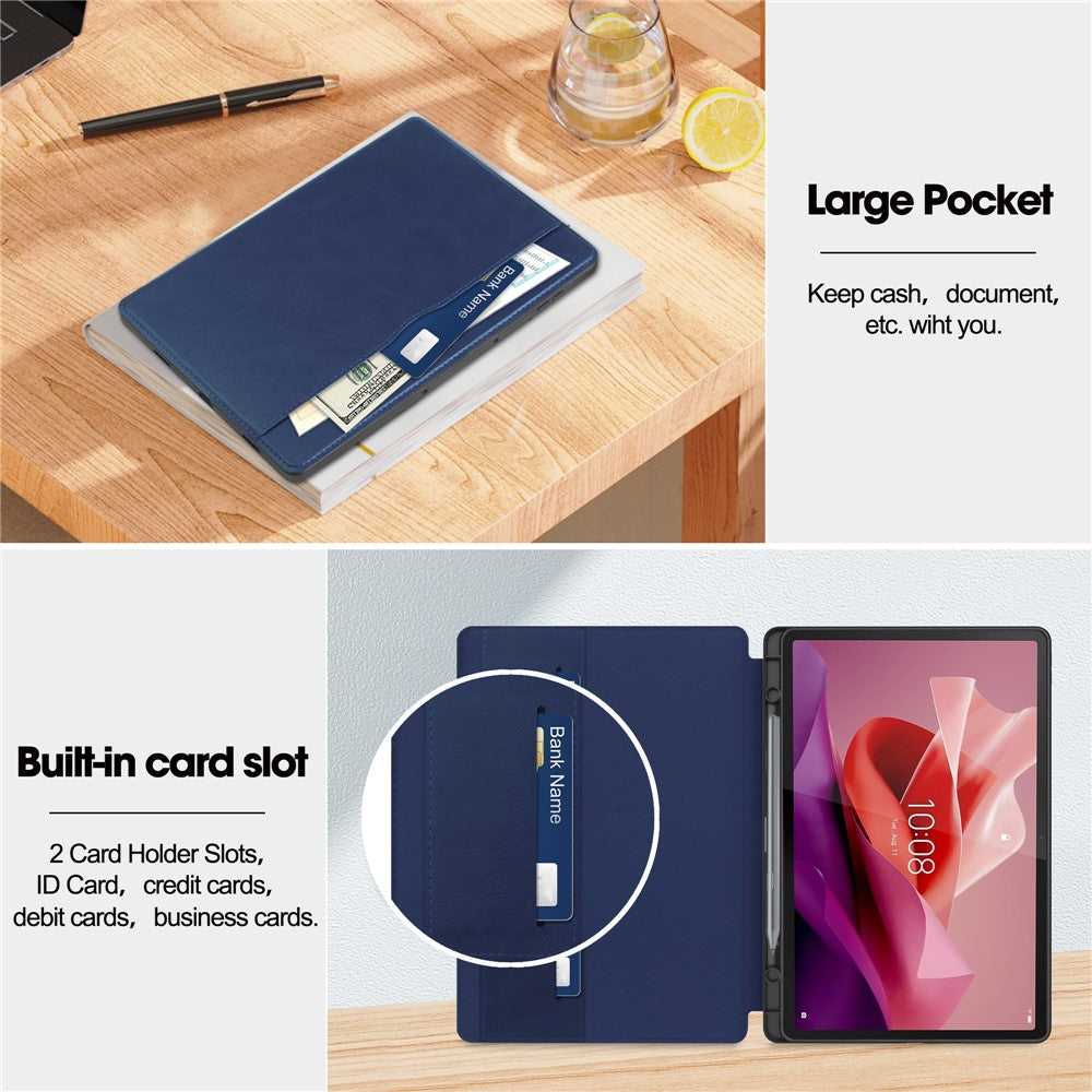 For Lenovo Tab P12 Stand Protective Cover PU Leather Wallet Tablet Case with Pencil Holder - Blue