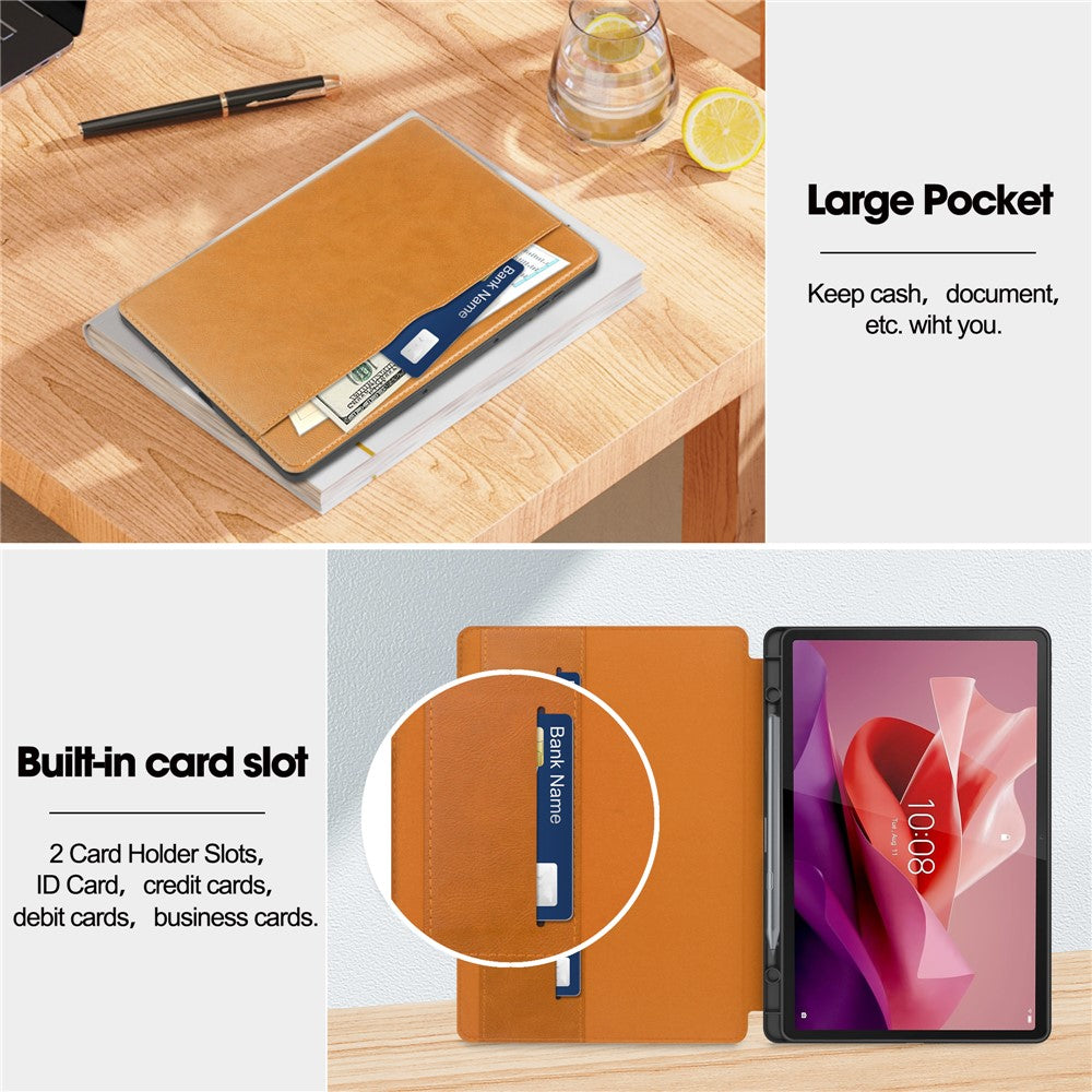 For Lenovo Tab P12 Stand Protective Cover PU Leather Wallet Tablet Case with Pencil Holder - Brown