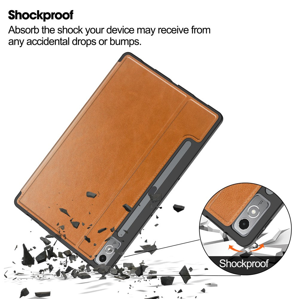 For Lenovo Tab P12 Stand Protective Cover PU Leather Wallet Tablet Case with Pencil Holder - Brown