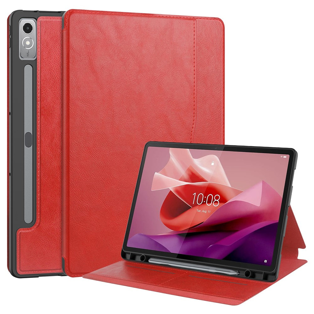 For Lenovo Tab P12 Stand Protective Cover PU Leather Wallet Tablet Case with Pencil Holder - Red