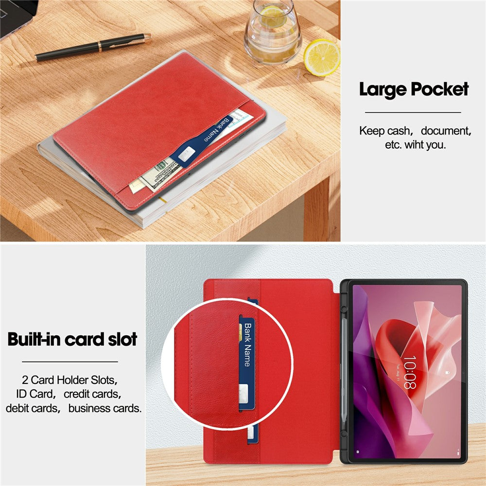 For Lenovo Tab P12 Stand Protective Cover PU Leather Wallet Tablet Case with Pencil Holder - Red