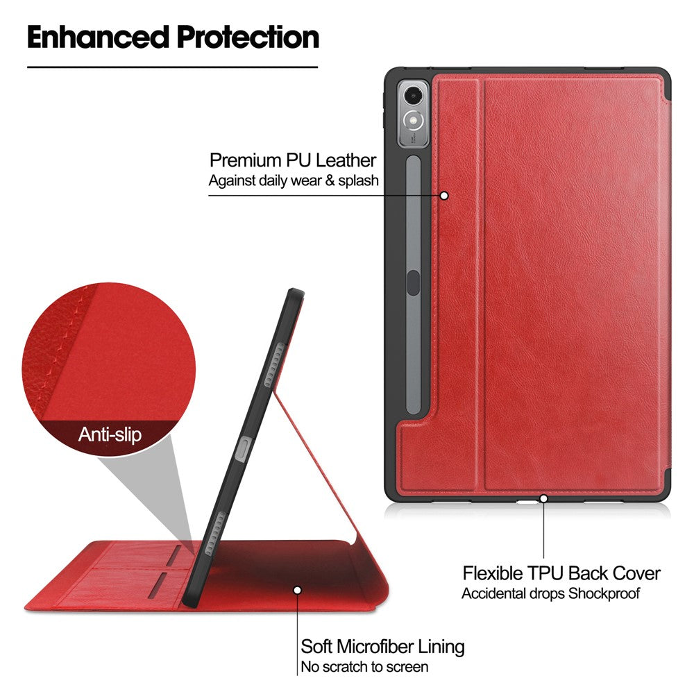 For Lenovo Tab P12 Stand Protective Cover PU Leather Wallet Tablet Case with Pencil Holder - Red