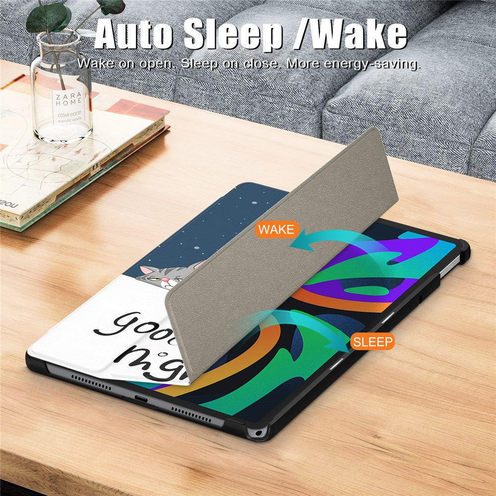 For Lenovo Tab M11 / Xiaoxin Pad 11 2024 Trifold Stand Cover Pattern PU Leather Auto Sleep Wake Tablet Case - Cat
