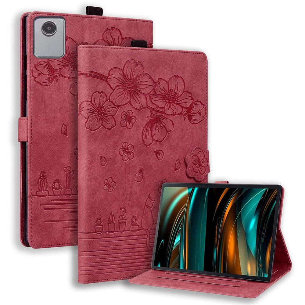 For Lenovo Tab M11 / Xiaoxin Pad 11 2024 Tablet Case Flower Cat Imprint Folio PU Leather Cover - Wine Red