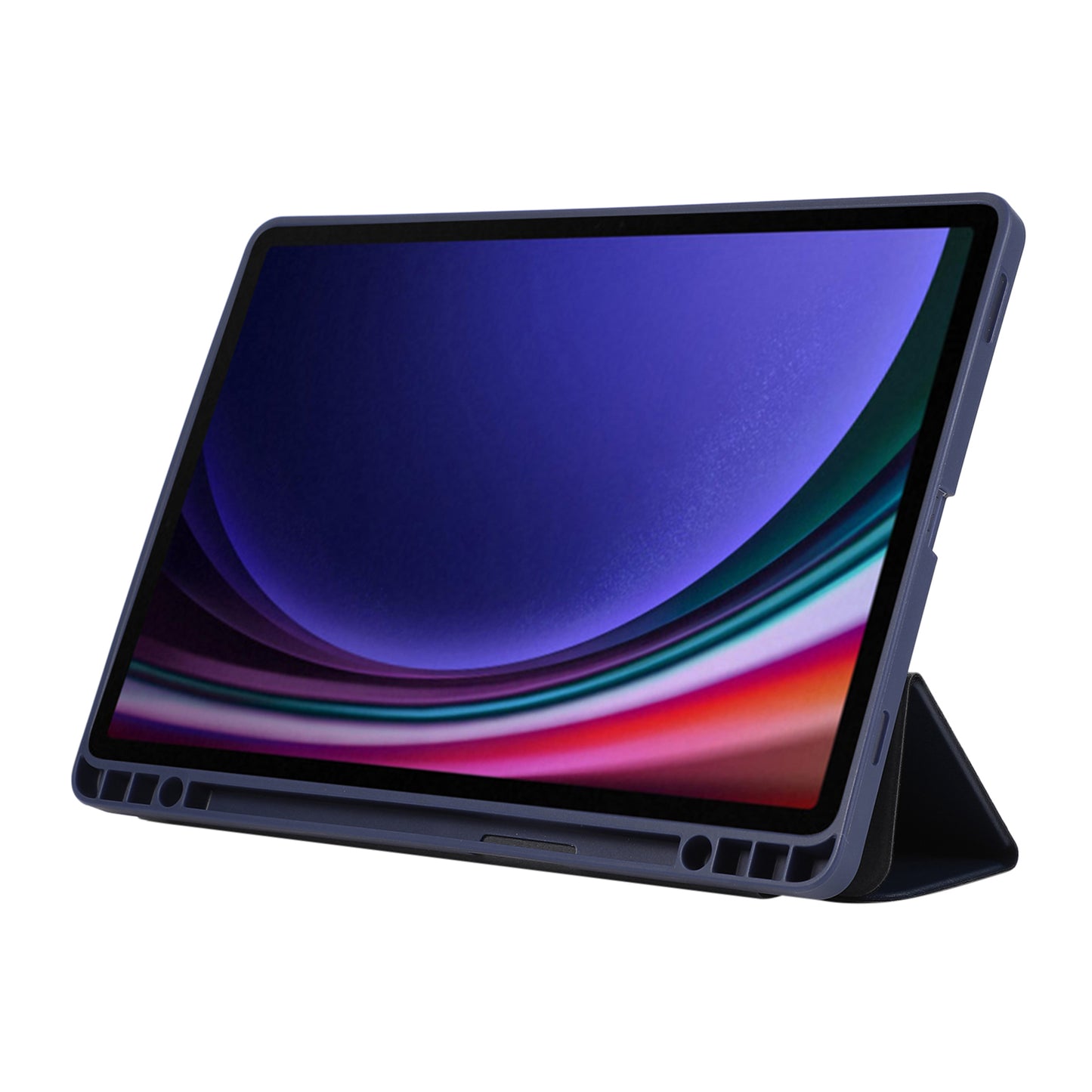 For Samsung Galaxy Tab S9 / Tab S9 FE Tablet Case Tri-Fold Stand Solid Color Shockproof PU Cover with Pencil Slot - Blue
