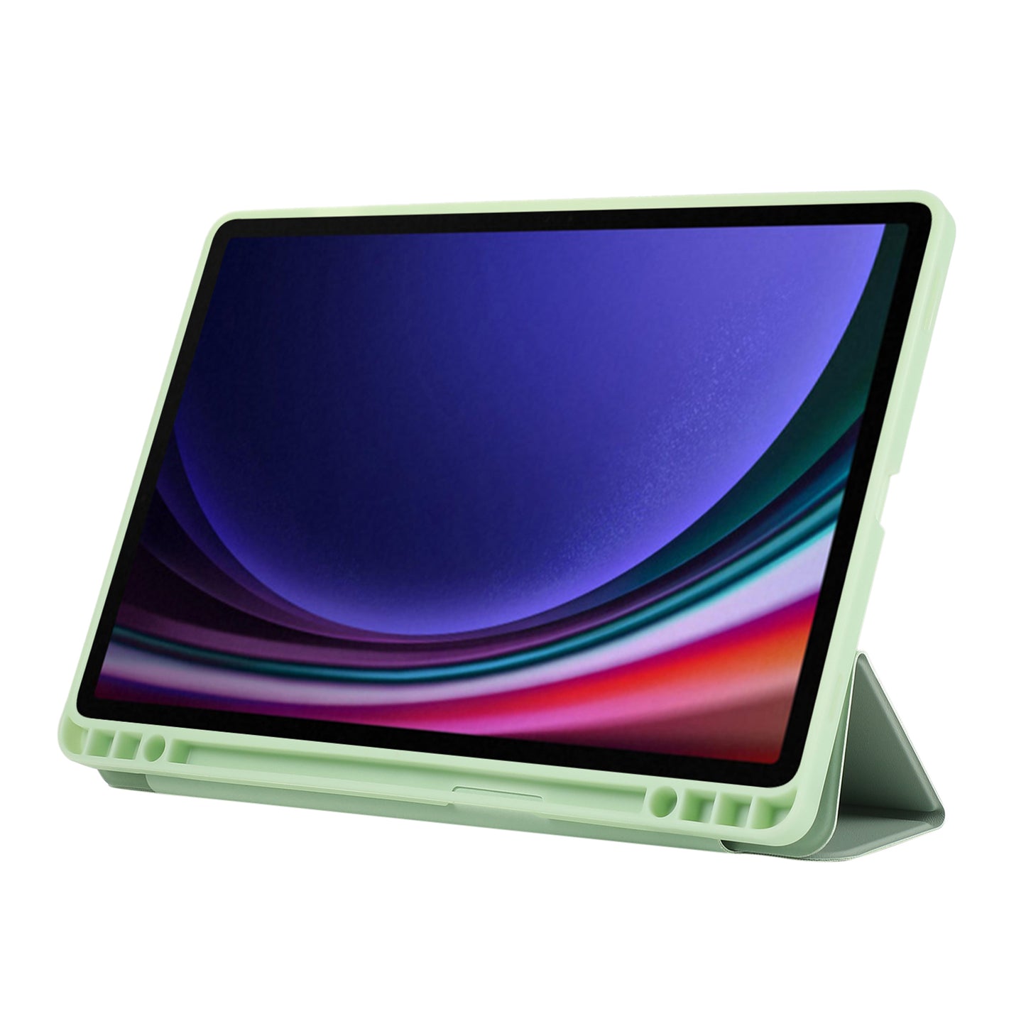 For Samsung Galaxy Tab S9 / Tab S9 FE Tablet Case Tri-Fold Stand Solid Color Shockproof PU Cover with Pencil Slot - Green