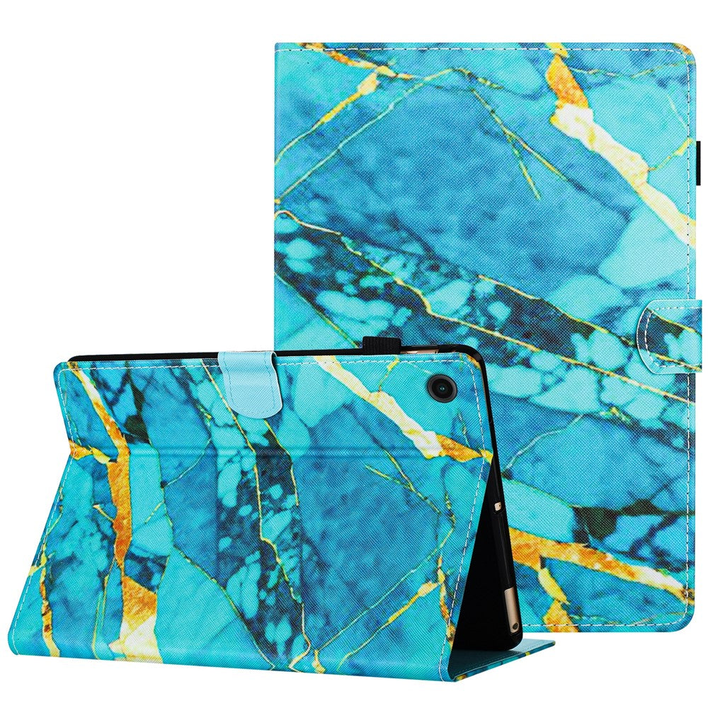 For Lenovo M10 Plus X606F Pattern Folio Cover PU Leather Stand Tablet Case - Gold+Blue Marble