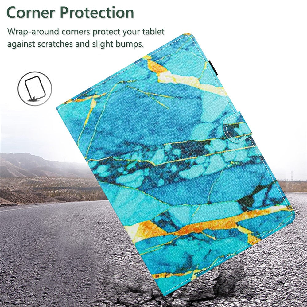 For Lenovo M10 Plus X606F Pattern Folio Cover PU Leather Stand Tablet Case - Gold+Blue Marble