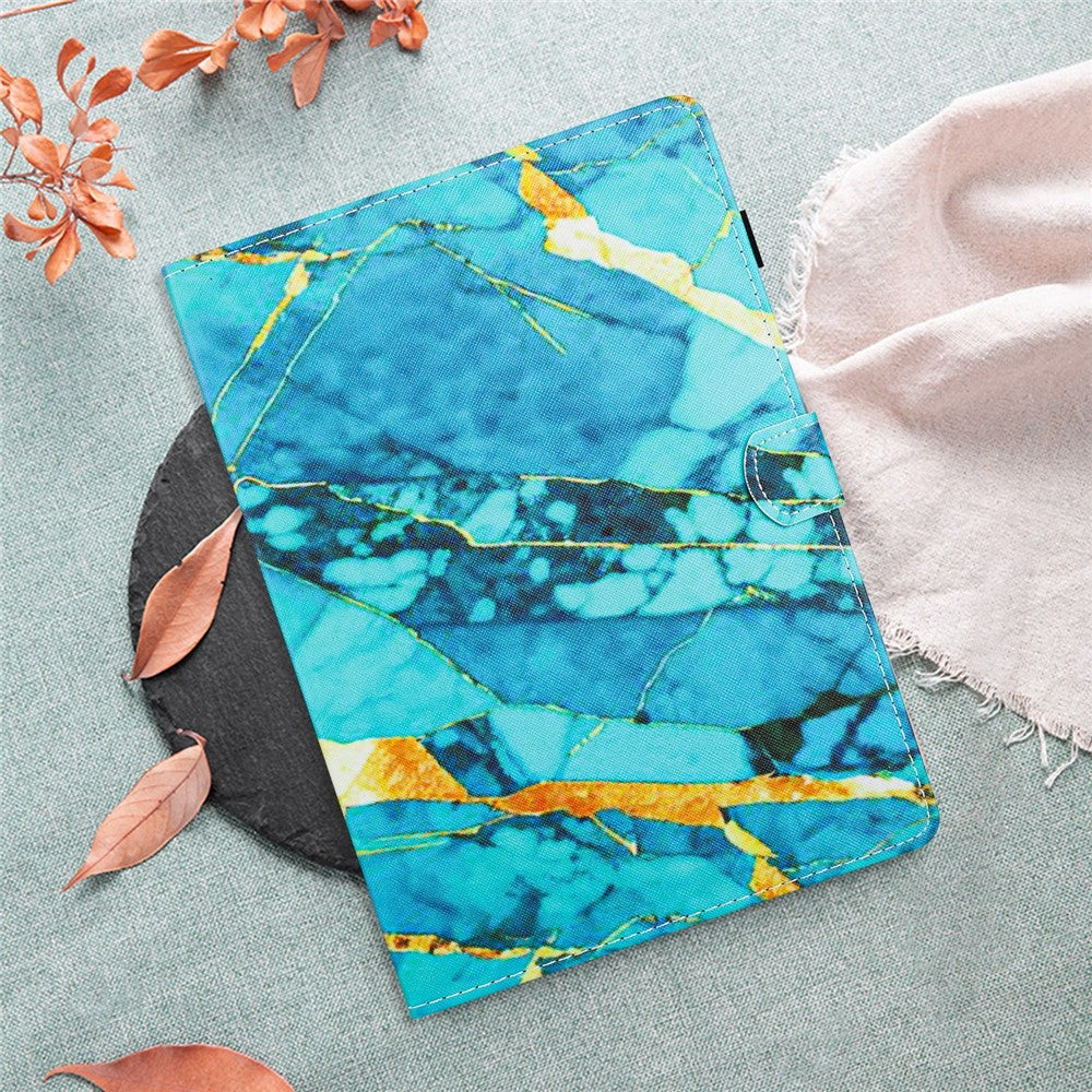 For Lenovo M10 Plus X606F Pattern Folio Cover PU Leather Stand Tablet Case - Gold+Blue Marble