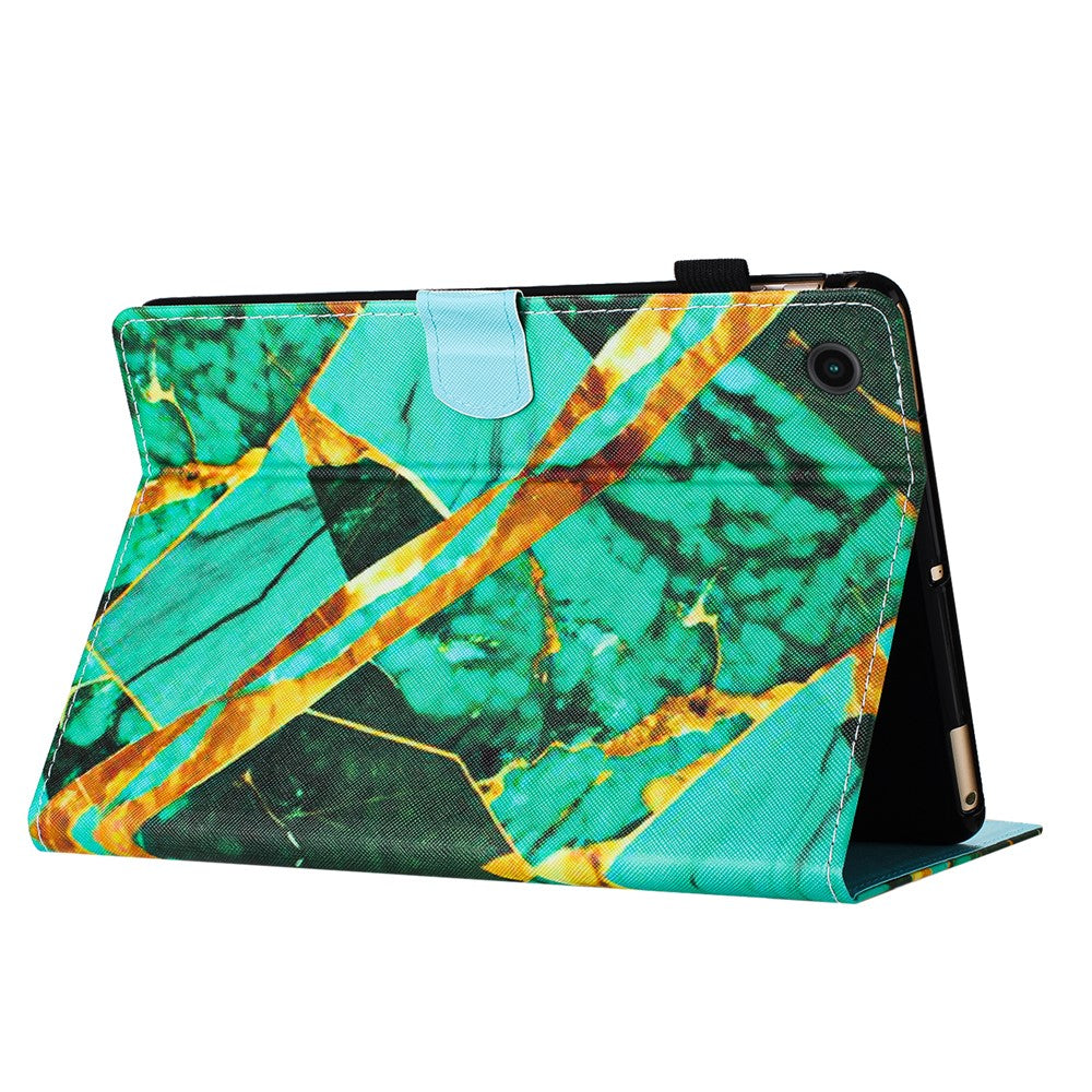 For Lenovo M10 Plus X606F Pattern Folio Cover PU Leather Stand Tablet Case - Gold+Green Marble