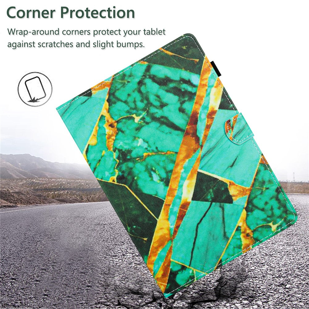 For Lenovo M10 Plus X606F Pattern Folio Cover PU Leather Stand Tablet Case - Gold+Green Marble