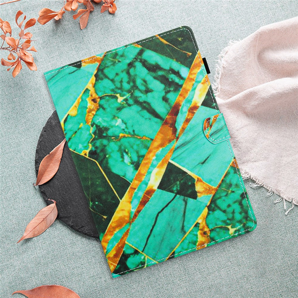 For Lenovo M10 Plus X606F Pattern Folio Cover PU Leather Stand Tablet Case - Gold+Green Marble