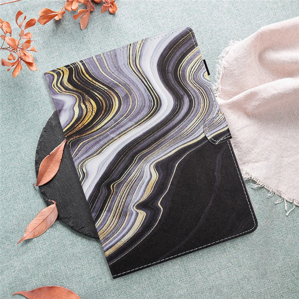 For Lenovo M10 Plus X606F Pattern Folio Cover PU Leather Stand Tablet Case - Black+Gold Marble