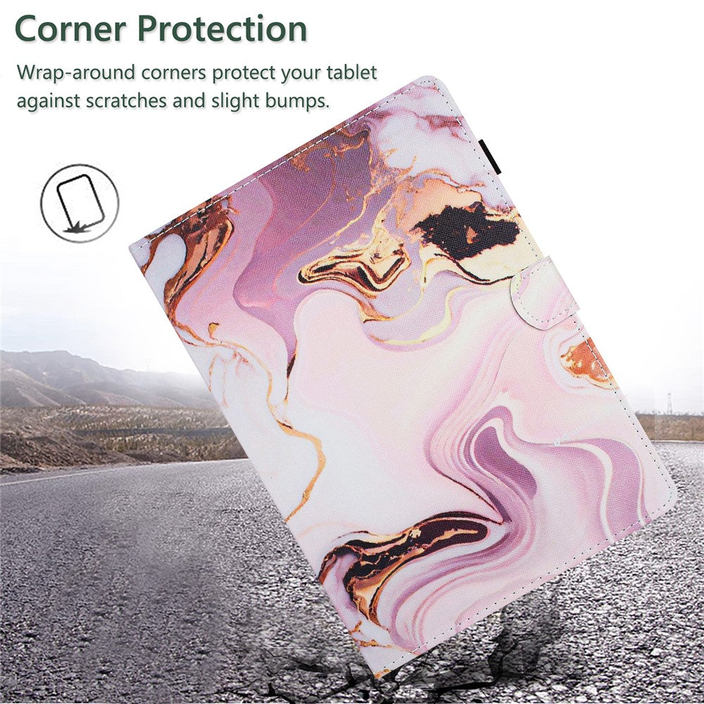For Lenovo M10 Plus X606F Pattern Folio Cover PU Leather Stand Tablet Case - Gold+Pink Marble