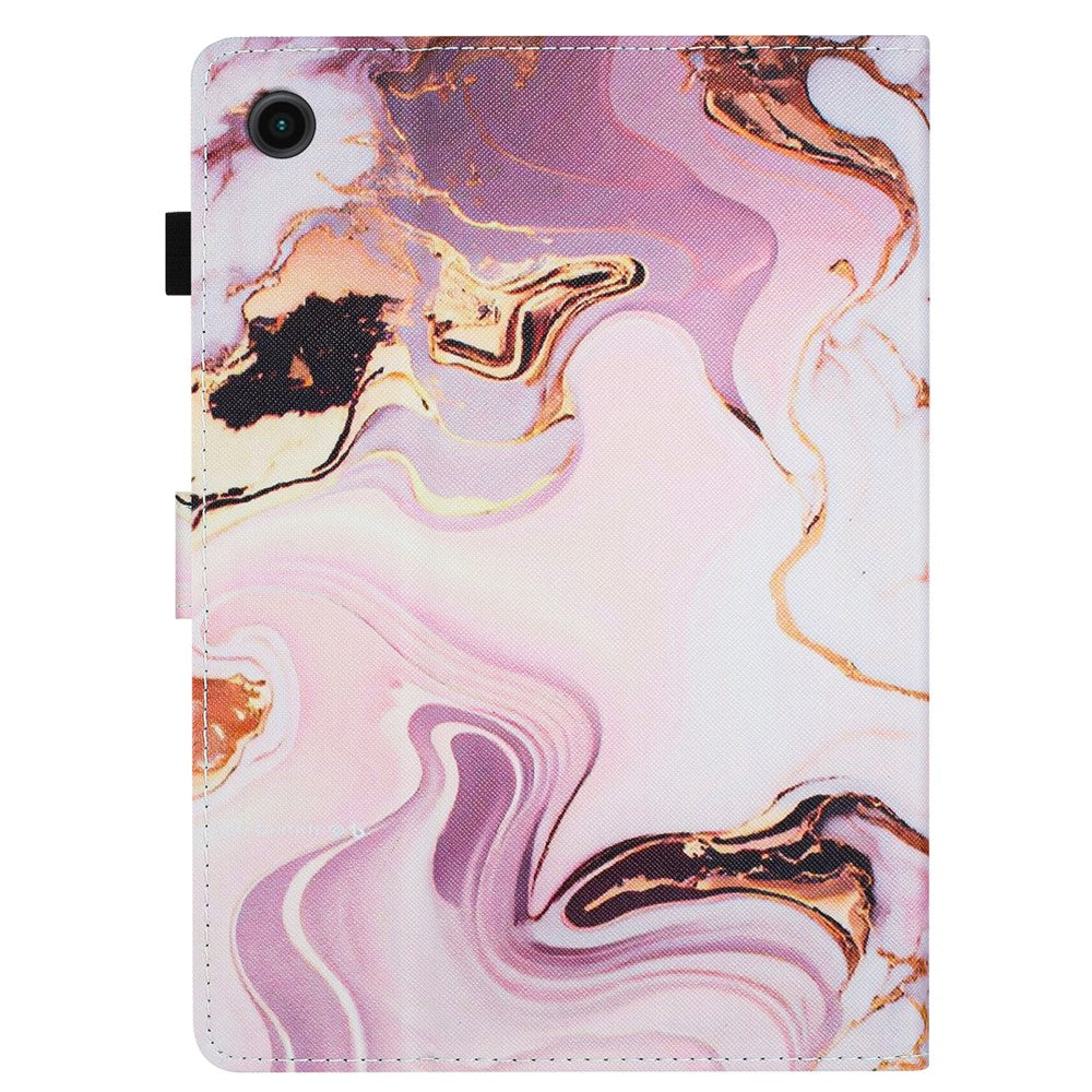 For Lenovo M10 Plus X606F Pattern Folio Cover PU Leather Stand Tablet Case - Gold+Pink Marble