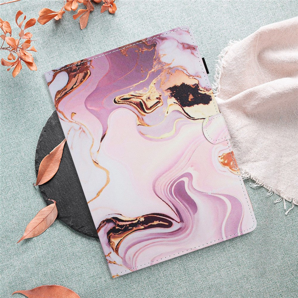 For Lenovo M10 Plus X606F Pattern Folio Cover PU Leather Stand Tablet Case - Gold+Pink Marble