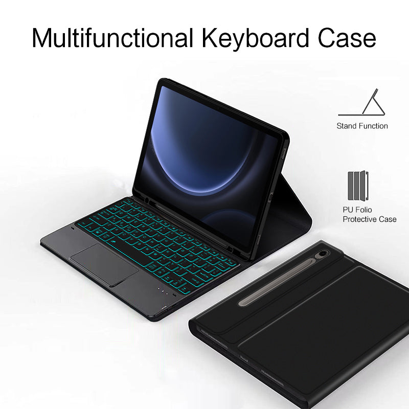 For Samsung Galaxy Tab S9 FE Backlight Touchpad Bluetooth Keyboard with Pen Slot Leather Tablet Case
