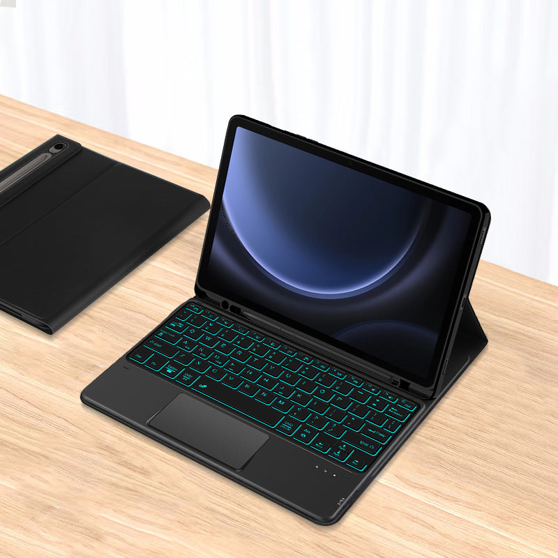 For Samsung Galaxy Tab S9 FE Backlight Touchpad Bluetooth Keyboard with Pen Slot Leather Tablet Case