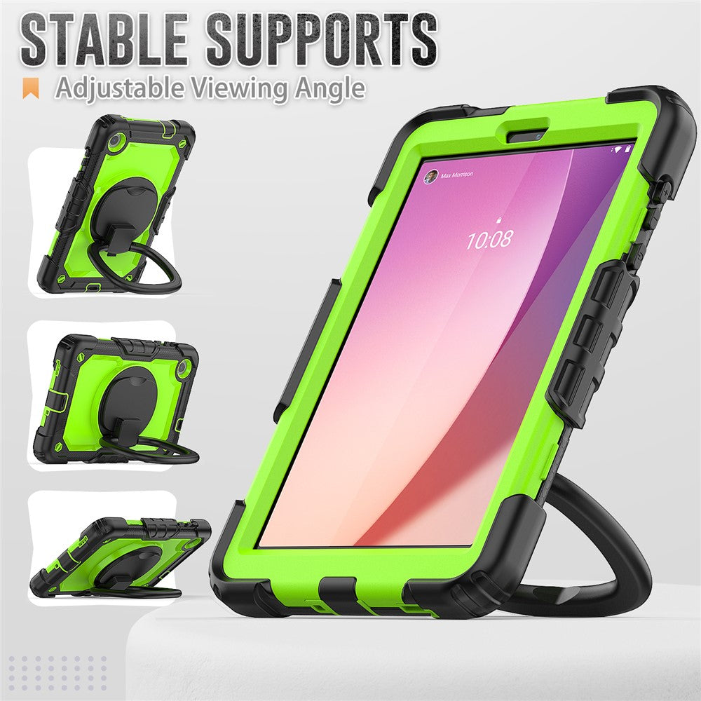 For Lenovo Tab M8 (4th Gen) 2024 TB-301XU / M8 (4th Gen) 2023 TB-300FU Case Rotary Kickstand Tablet Cover with Shoulder Strap - Black+Yellowgreen PC