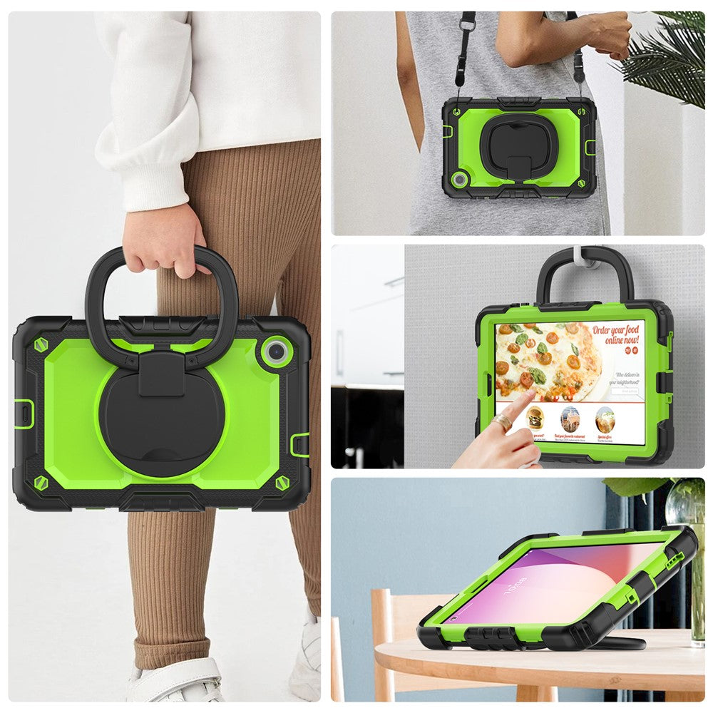 For Lenovo Tab M8 (4th Gen) 2024 TB-301XU / M8 (4th Gen) 2023 TB-300FU Case Rotary Kickstand Tablet Cover with Shoulder Strap - Black+Yellowgreen PC