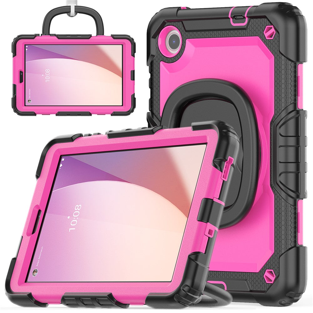 For Lenovo Tab M8 (4th Gen) 2024 TB-301XU / M8 (4th Gen) 2023 TB-300FU Case Rotary Kickstand Tablet Cover with Shoulder Strap - Black+Rose PC