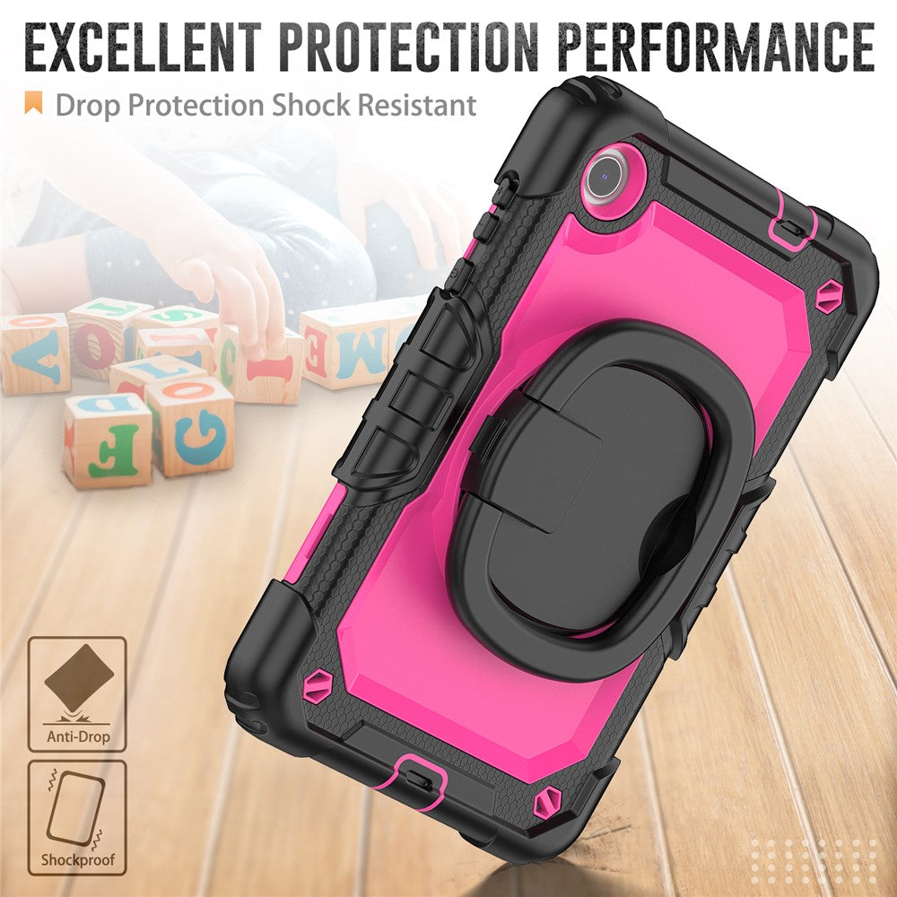 For Lenovo Tab M8 (4th Gen) 2024 TB-301XU / M8 (4th Gen) 2023 TB-300FU Case Rotary Kickstand Tablet Cover with Shoulder Strap - Black+Rose PC