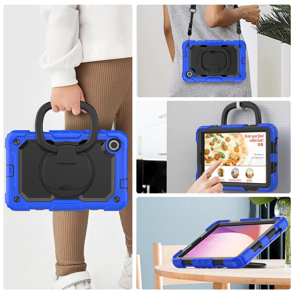 For Lenovo Tab M8 (4th Gen) 2024 TB-301XU / M8 (4th Gen) 2023 TB-300FU Case Rotary Kickstand Tablet Cover with Shoulder Strap - Dark Blue