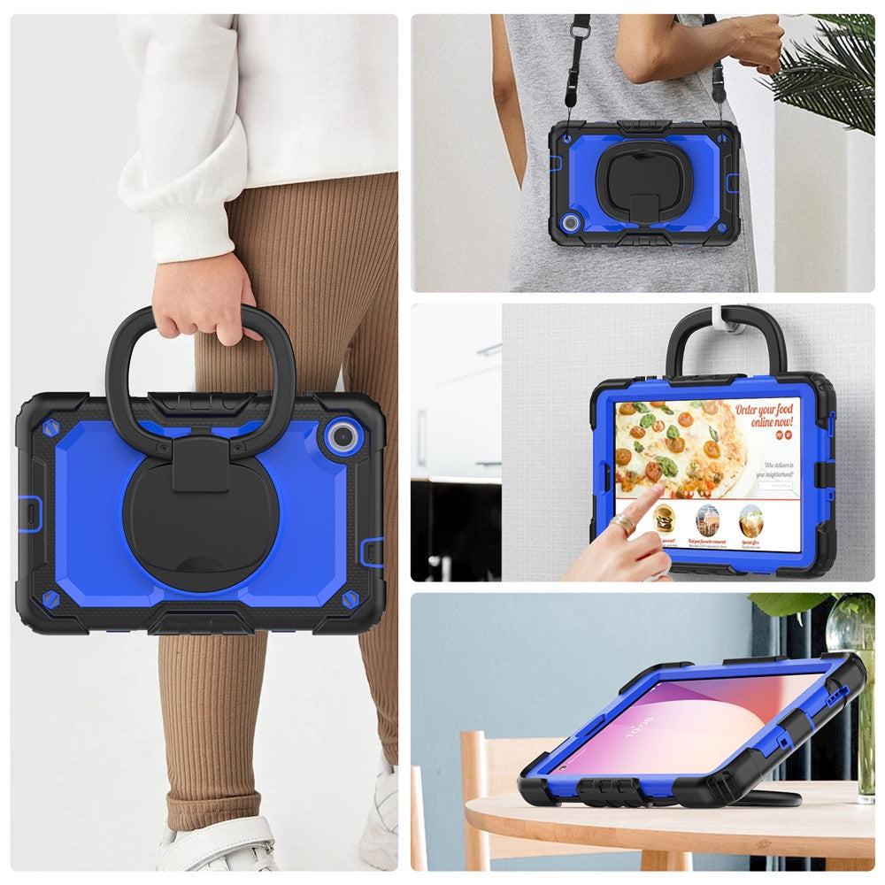 For Lenovo Tab M8 (4th Gen) 2024 TB-301XU / M8 (4th Gen) 2023 TB-300FU Case Rotary Kickstand Tablet Cover with Shoulder Strap - Black+Dark Blue PC