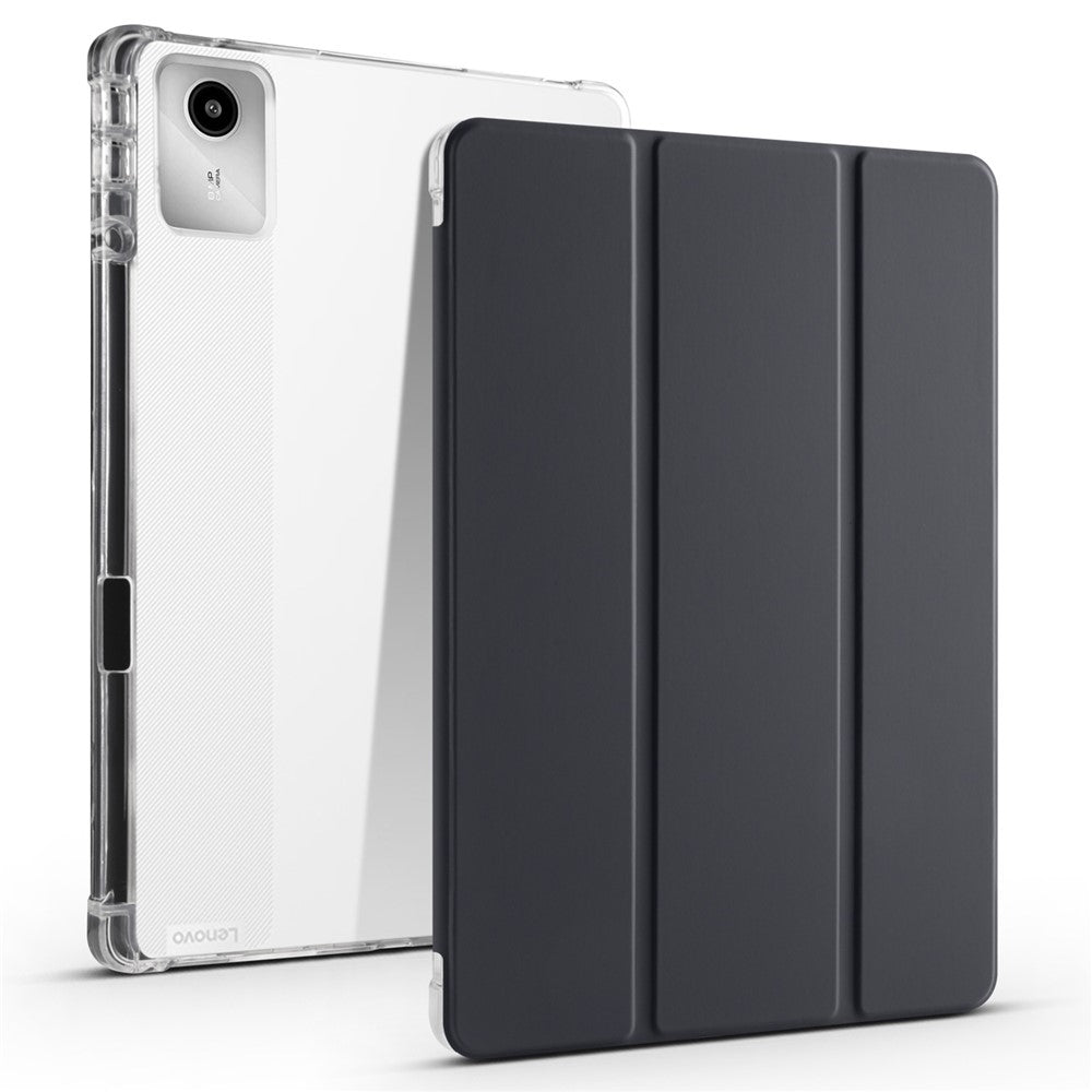 For Lenovo Tab M11 / Xiaoxin Pad 11 2024 Case Tri-fold Transparent Back Auto Sleep / Wake Cover with Pen Slot - Black