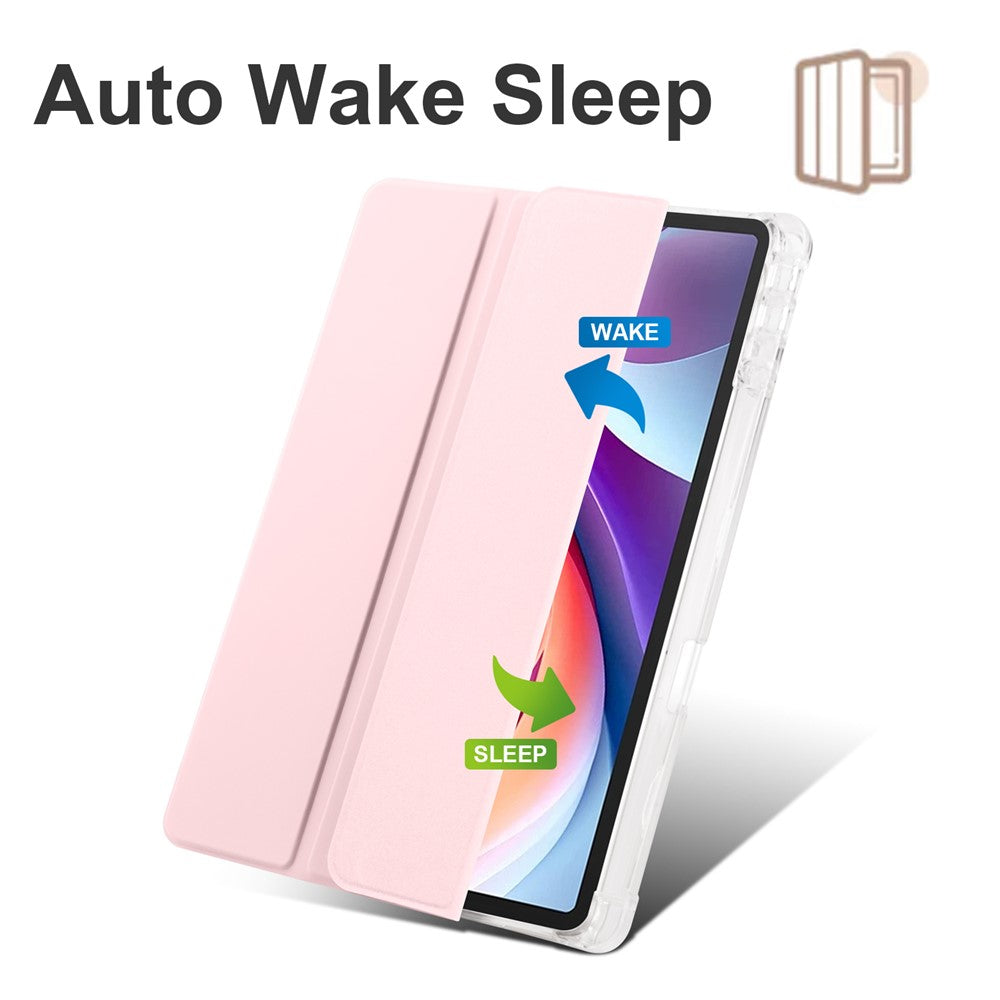 For Lenovo Tab M11 / Xiaoxin Pad 11 2024 Case Tri-fold Transparent Back Auto Sleep / Wake Cover with Pen Slot - Pink