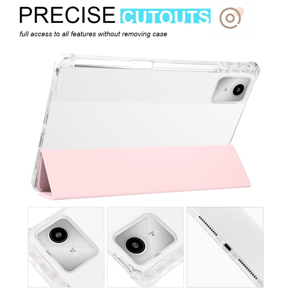 For Lenovo Tab M11 / Xiaoxin Pad 11 2024 Case Tri-fold Transparent Back Auto Sleep / Wake Cover with Pen Slot - Pink