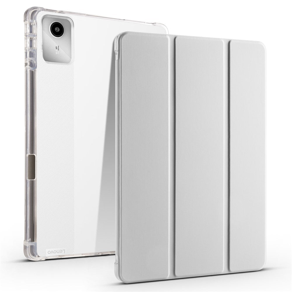 For Lenovo Tab M11 / Xiaoxin Pad 11 2024 Case Tri-fold Transparent Back Auto Sleep / Wake Cover with Pen Slot - Grey