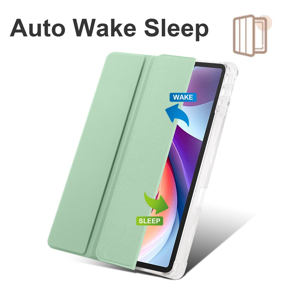 For Lenovo Tab M11 / Xiaoxin Pad 11 2024 Case Tri-fold Transparent Back Auto Sleep / Wake Cover with Pen Slot - Matcha Green