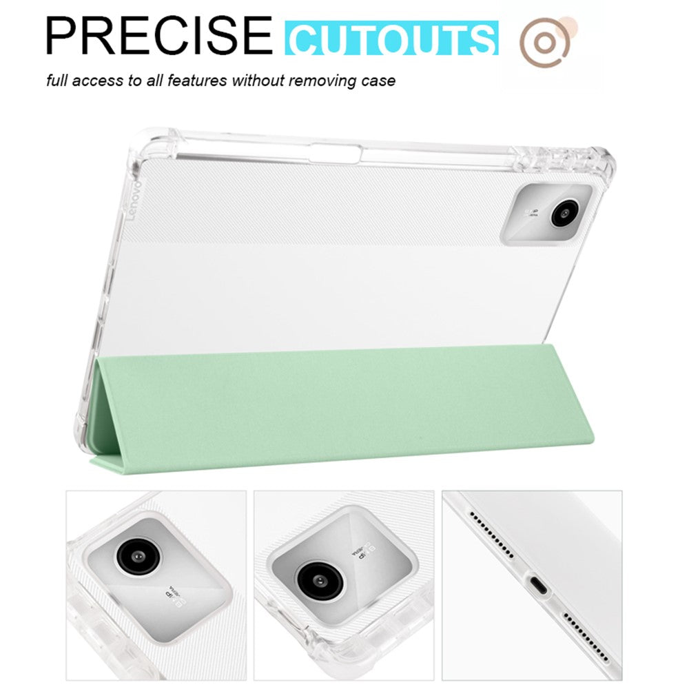 For Lenovo Tab M11 / Xiaoxin Pad 11 2024 Case Tri-fold Transparent Back Auto Sleep / Wake Cover with Pen Slot - Matcha Green