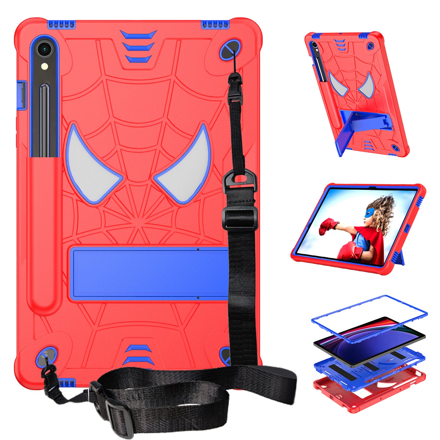 For Samsung Galaxy Tab S9 / Tab S9 FE Spider Web Tablet Case Kickstand Cover - Red+Blue
