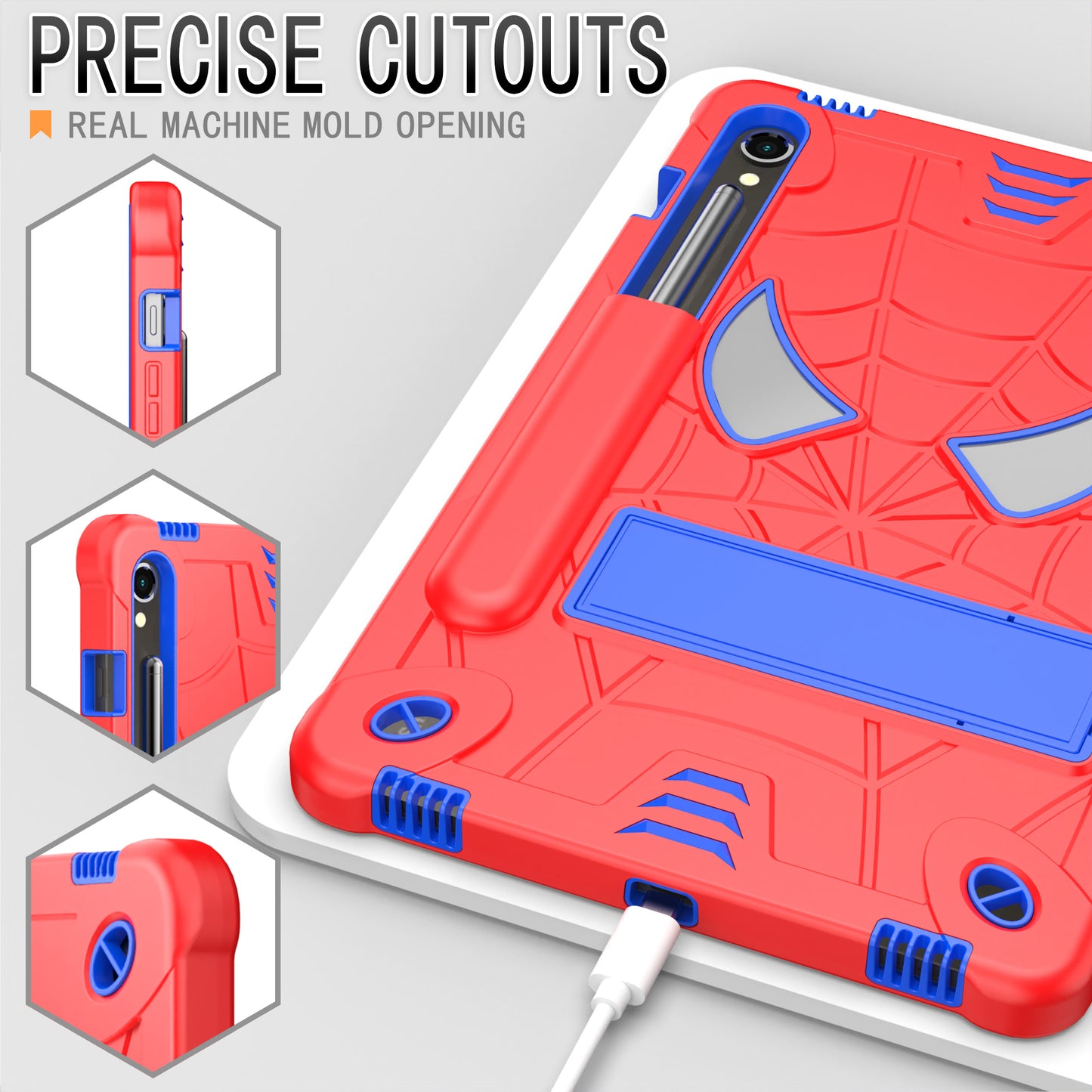 For Samsung Galaxy Tab S9 / Tab S9 FE Spider Web Tablet Case Kickstand Cover - Red+Blue