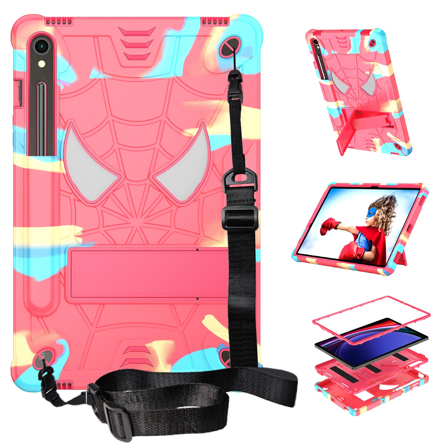 For Samsung Galaxy Tab S9 / Tab S9 FE Spider Web Tablet Case Kickstand Cover - Camouflage+Rose
