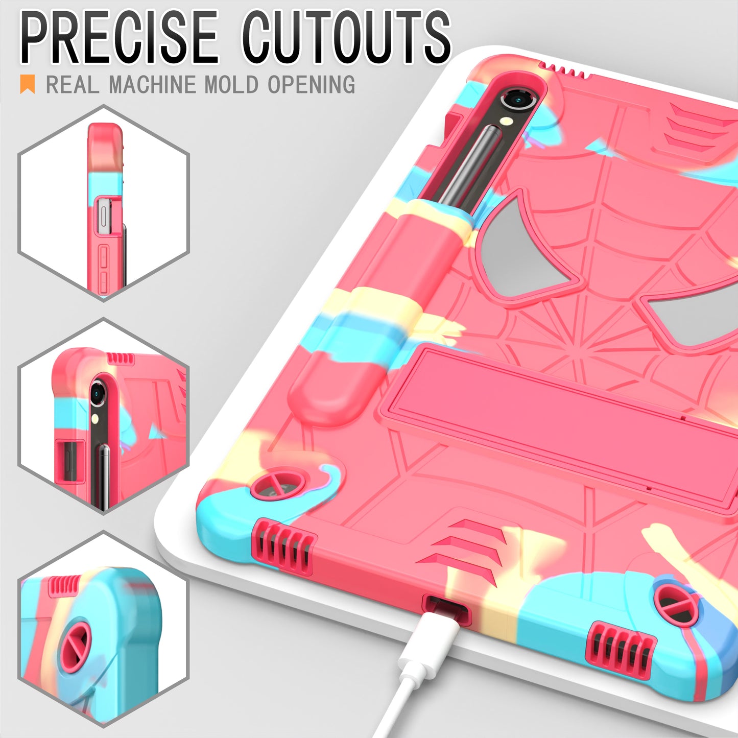 For Samsung Galaxy Tab S9 / Tab S9 FE Spider Web Tablet Case Kickstand Cover - Camouflage+Rose