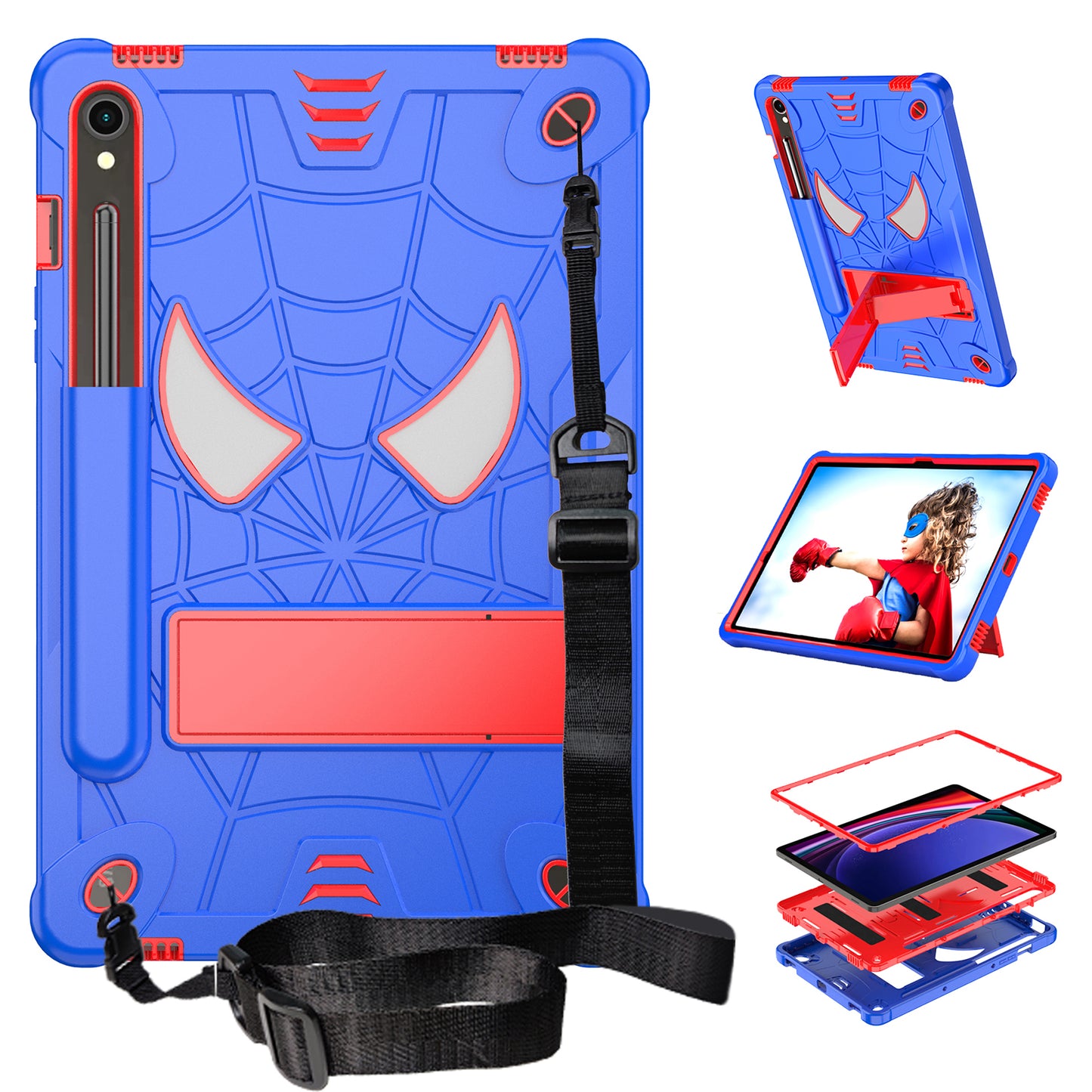 For Samsung Galaxy Tab S9 / Tab S9 FE Spider Web Tablet Case Kickstand Cover - Blue+Red