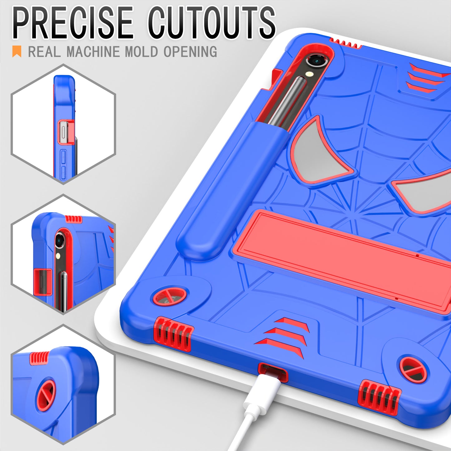 For Samsung Galaxy Tab S9 / Tab S9 FE Spider Web Tablet Case Kickstand Cover - Blue+Red