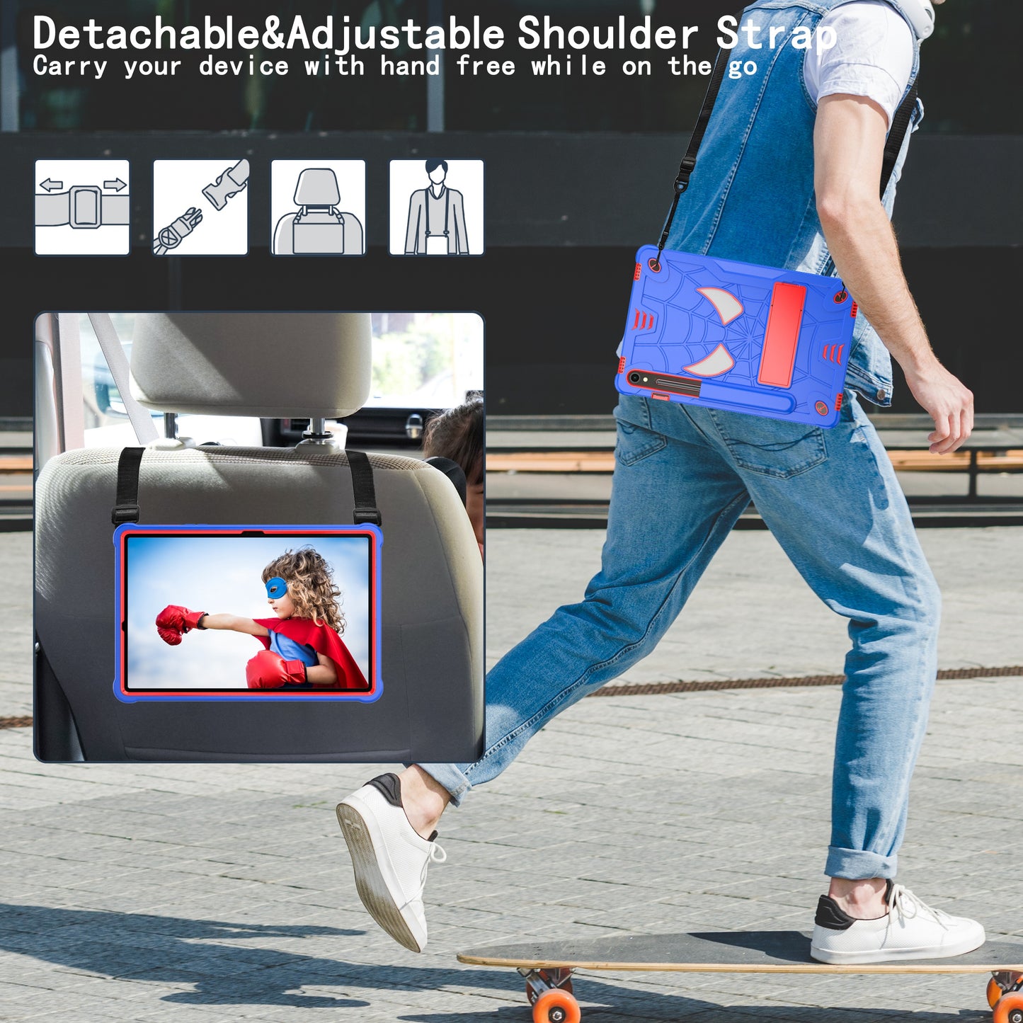 For Samsung Galaxy Tab S9 / Tab S9 FE Spider Web Tablet Case Kickstand Cover - Blue+Red