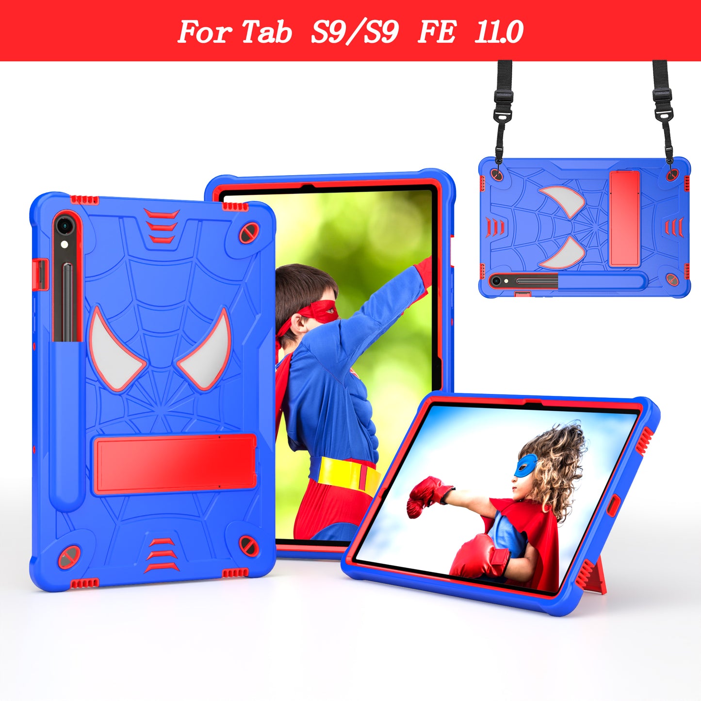For Samsung Galaxy Tab S9 / Tab S9 FE Spider Web Tablet Case Kickstand Cover - Blue+Red