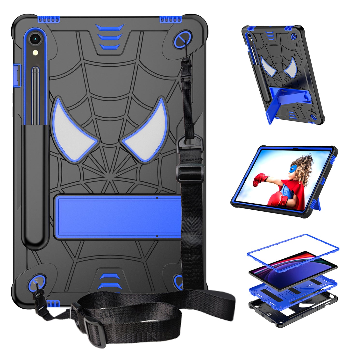 For Samsung Galaxy Tab S9 / Tab S9 FE Spider Web Tablet Case Kickstand Cover - Black+Blue