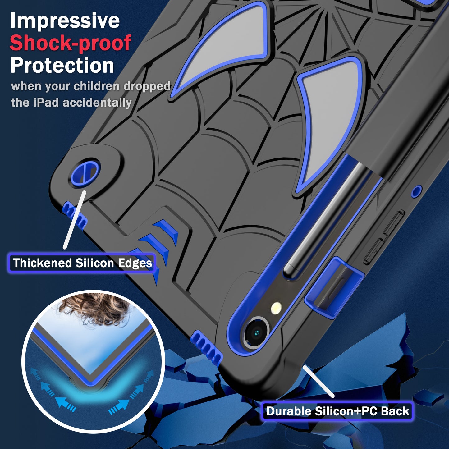 For Samsung Galaxy Tab S9 / Tab S9 FE Spider Web Tablet Case Kickstand Cover - Black+Blue