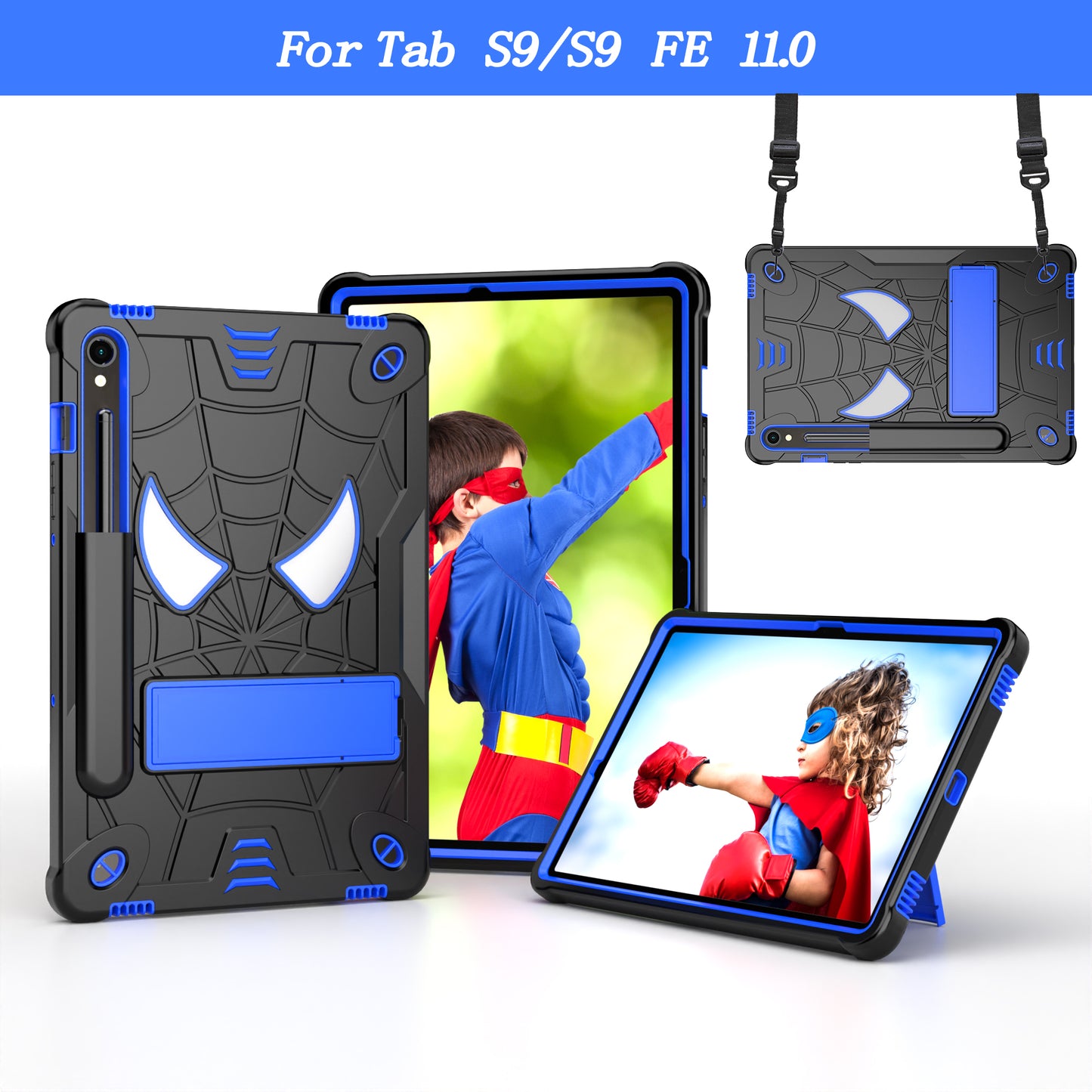 For Samsung Galaxy Tab S9 / Tab S9 FE Spider Web Tablet Case Kickstand Cover - Black+Blue