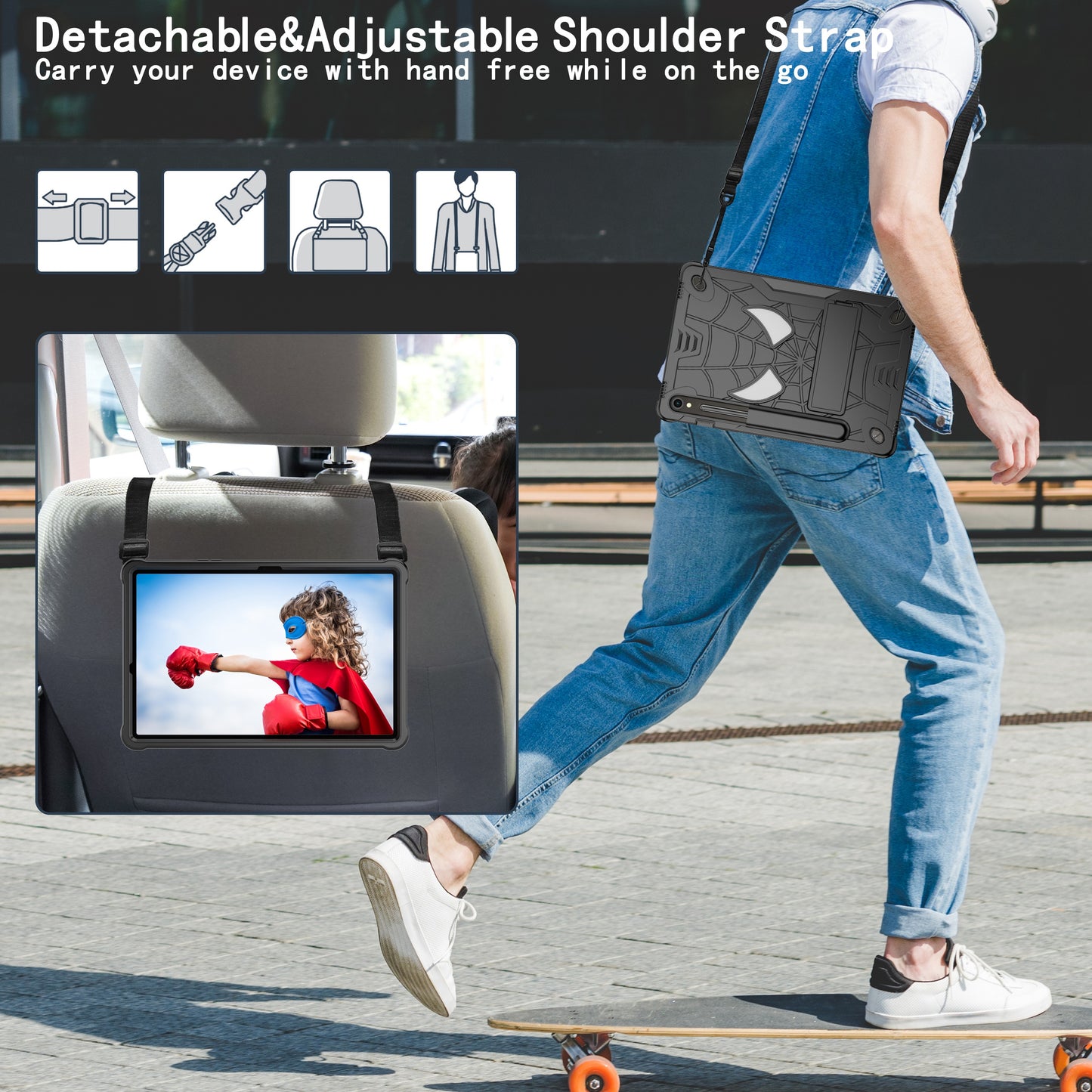 For Samsung Galaxy Tab S9 / Tab S9 FE Spider Web Tablet Case Kickstand Cover - Black+Black